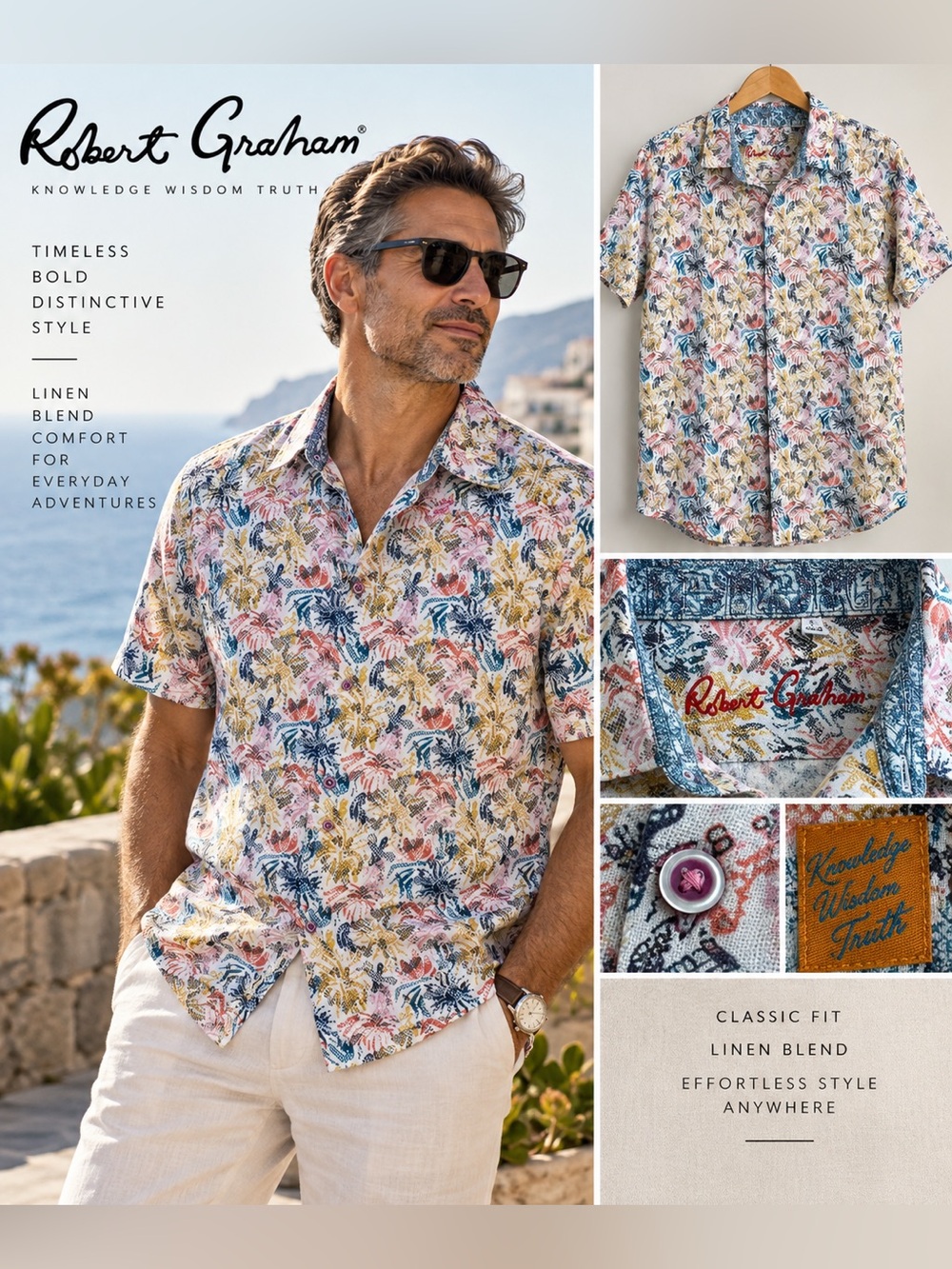 Robert Graham Men’s Linen Blend Floral Print Short Sleeve Shirt Classic Fit XL